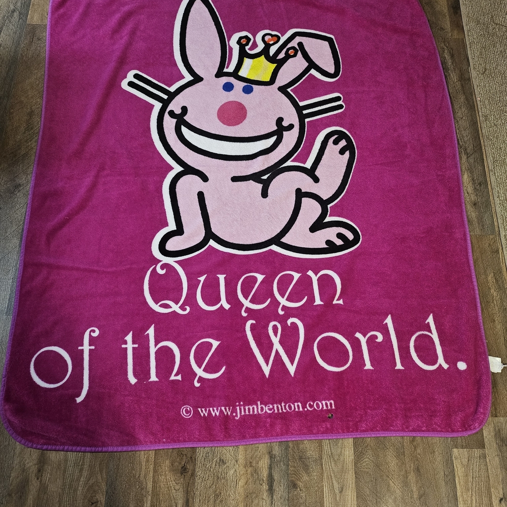 RARE Vintage Y2K Jim Benton IT’S HAPPY BUNNY "QUEEN OF THE WORLD" Throw Blanket